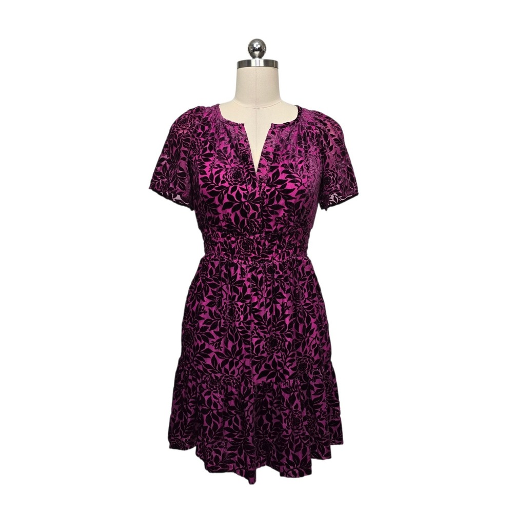 Anthropologie Magenta Somerset Floral Velvet Burnout Smocked Mini Dress Size XXS